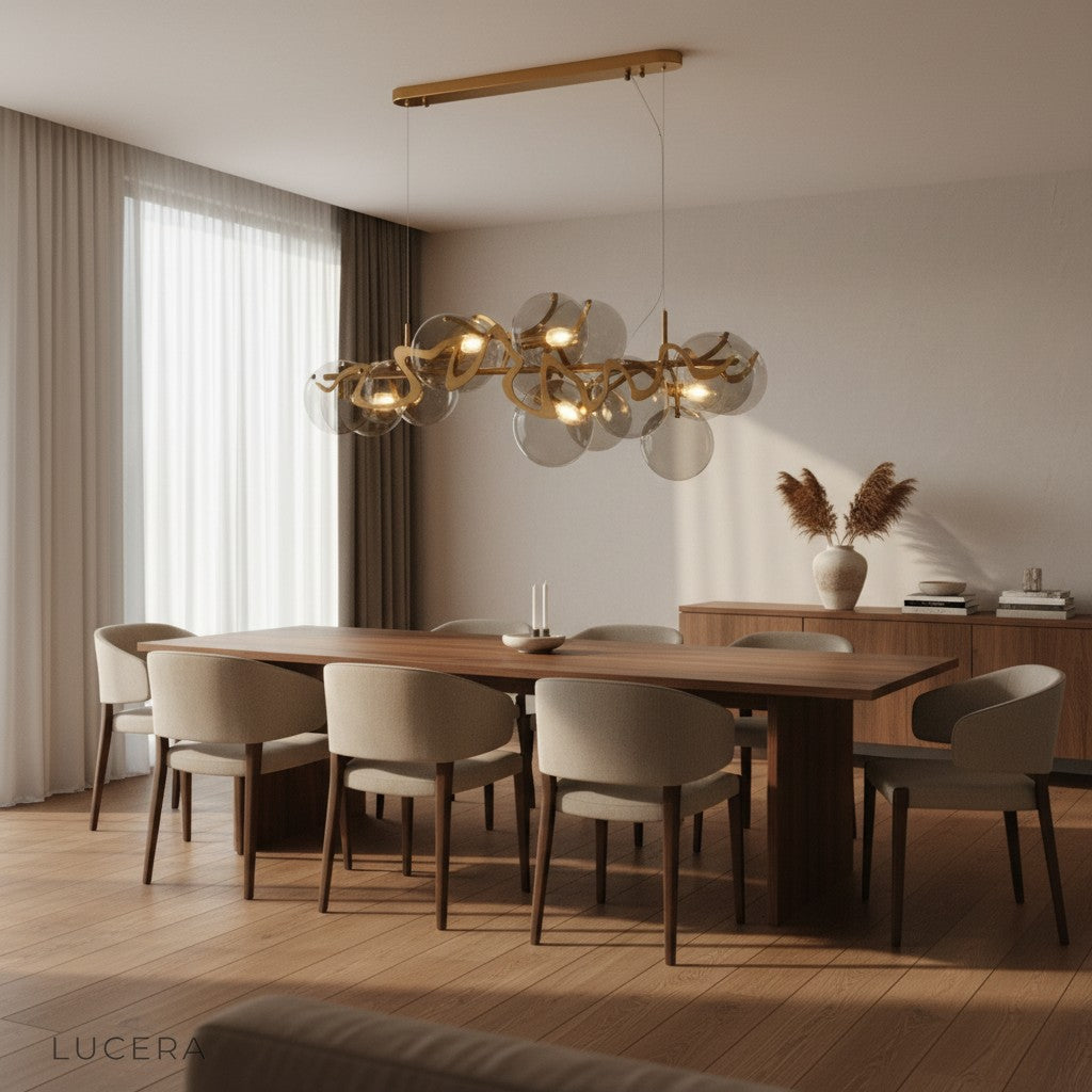 angled studio view of gold rectangle chandelier showing adjustable cord and canopy