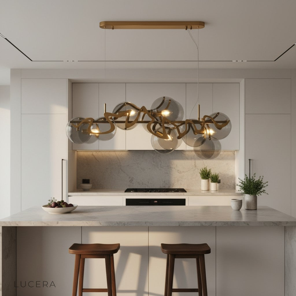 smoke-gray glass variant of Calmo chandelier lit warmly in contemporary living room