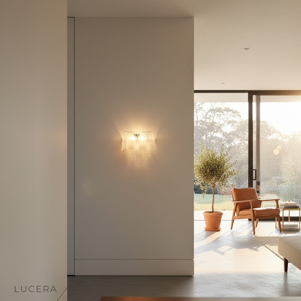 Carme wall sconce in brushed gold finish mounted on textured plaster wall in minimalist hallway