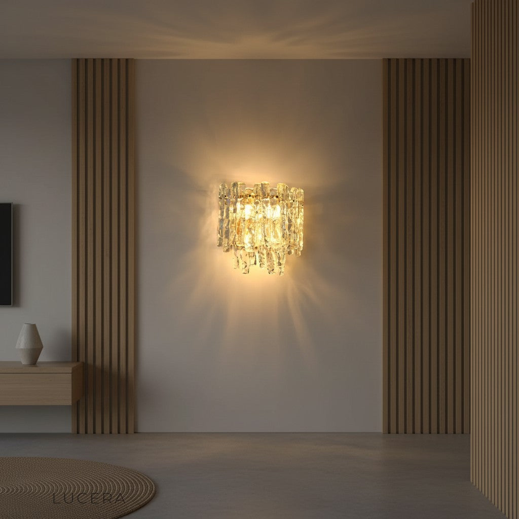 Cielo Murano glass wall light styled above a mid-century sideboard in a cozy dining nook
