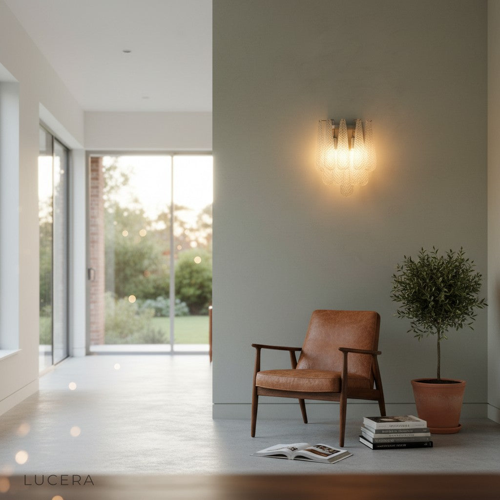 Polished chrome wall sconce with clear textured glass mounted on neutral plaster wall in bright hallway