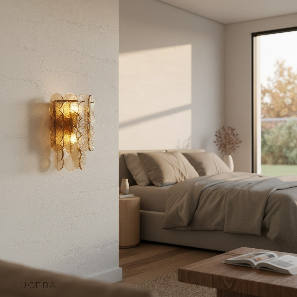 Colmo Caspian wall light in brushed gold finish mounted above wooden console table