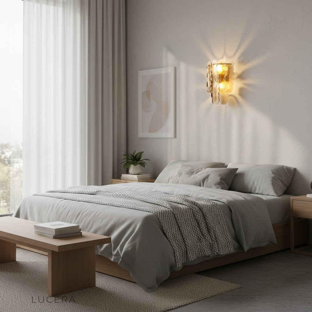 nighttime lifestyle shot of Colmo Caspian wall light casting geometric patterns on wall