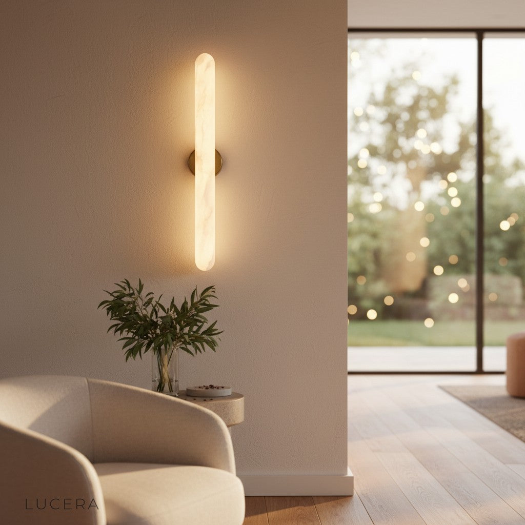 Cosmo Alabaster sconce mounted above a minimalist bed in a serene hotel-style bedroom with soft shadows