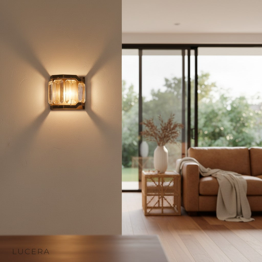 Dono Vibrant Prism Wall Sconce mounted above sleek console table in stylish entryway with colorful light display