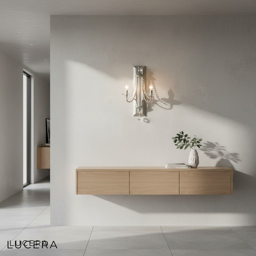 Nighttime lifestyle shot of gold wall sconce glowing in modern rustic lounge