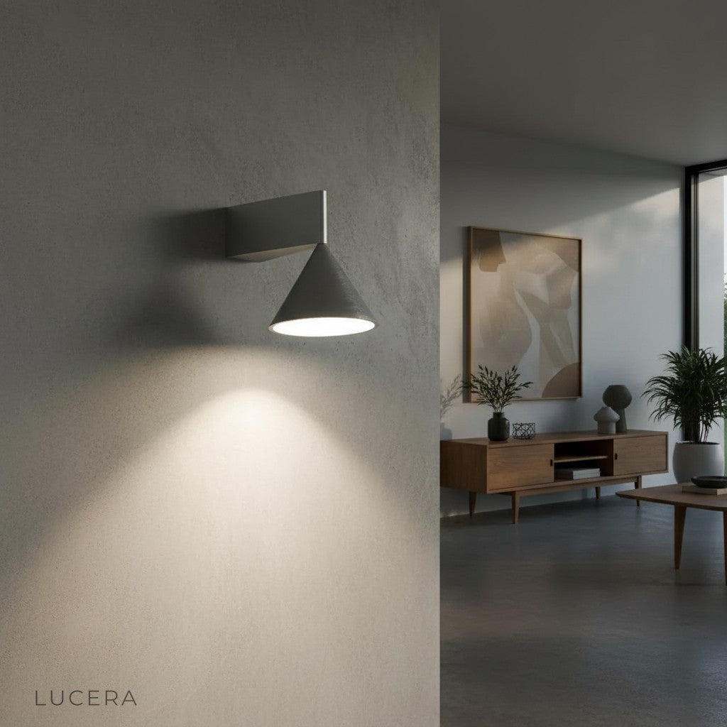 Faro Bauhaus lamp in entryway with warm glow and plant decor