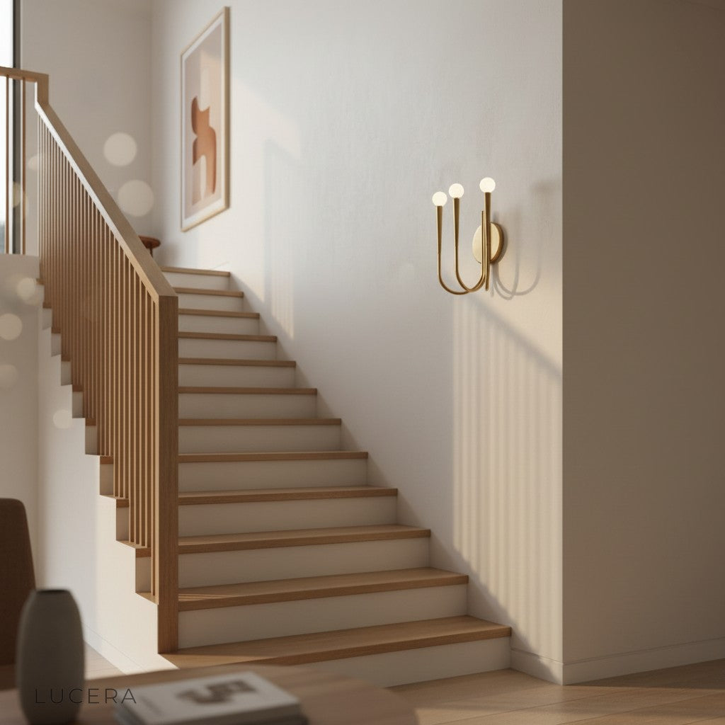 Detail shot of Fiore Art-Deco sconce metal arm and glass diffuser with soft ambient light