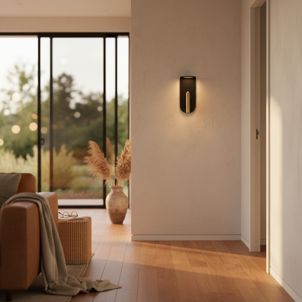 elegant black and gold sconce illuminating hallway with cool white light option
