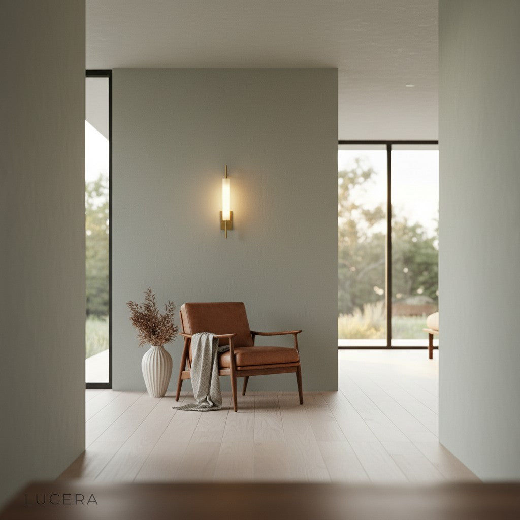 cool 6000K light from glass wall sconce casting bright white glow in a contemporary dining room