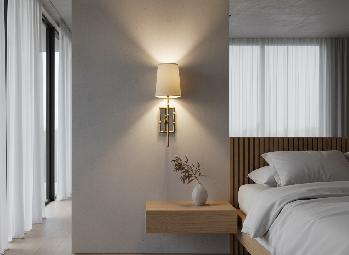 Grido Nordic sconce in gold finish above minimalist hallway console