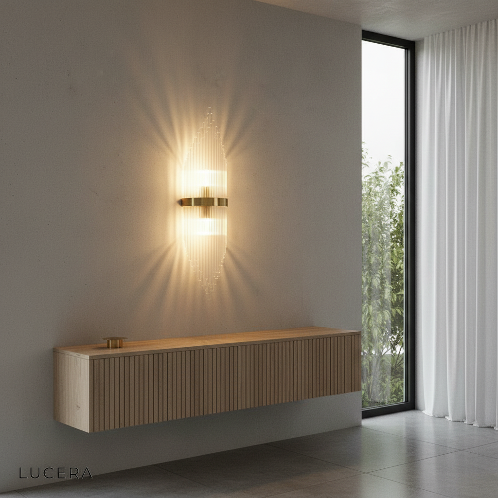 Lento sconce casting a warm inviting glow in a reading nook with bookshelf