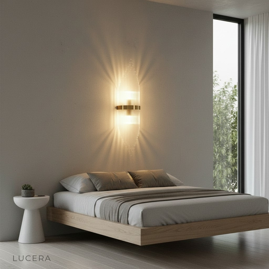 Lento gold glass sconce in a dark hallway with dramatic nighttime lighting