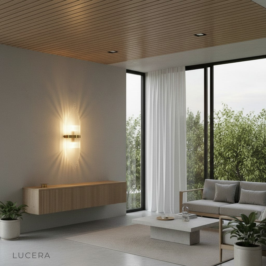 Lento wall sconce in a chic hotel-style lounge with cool and warm light mix