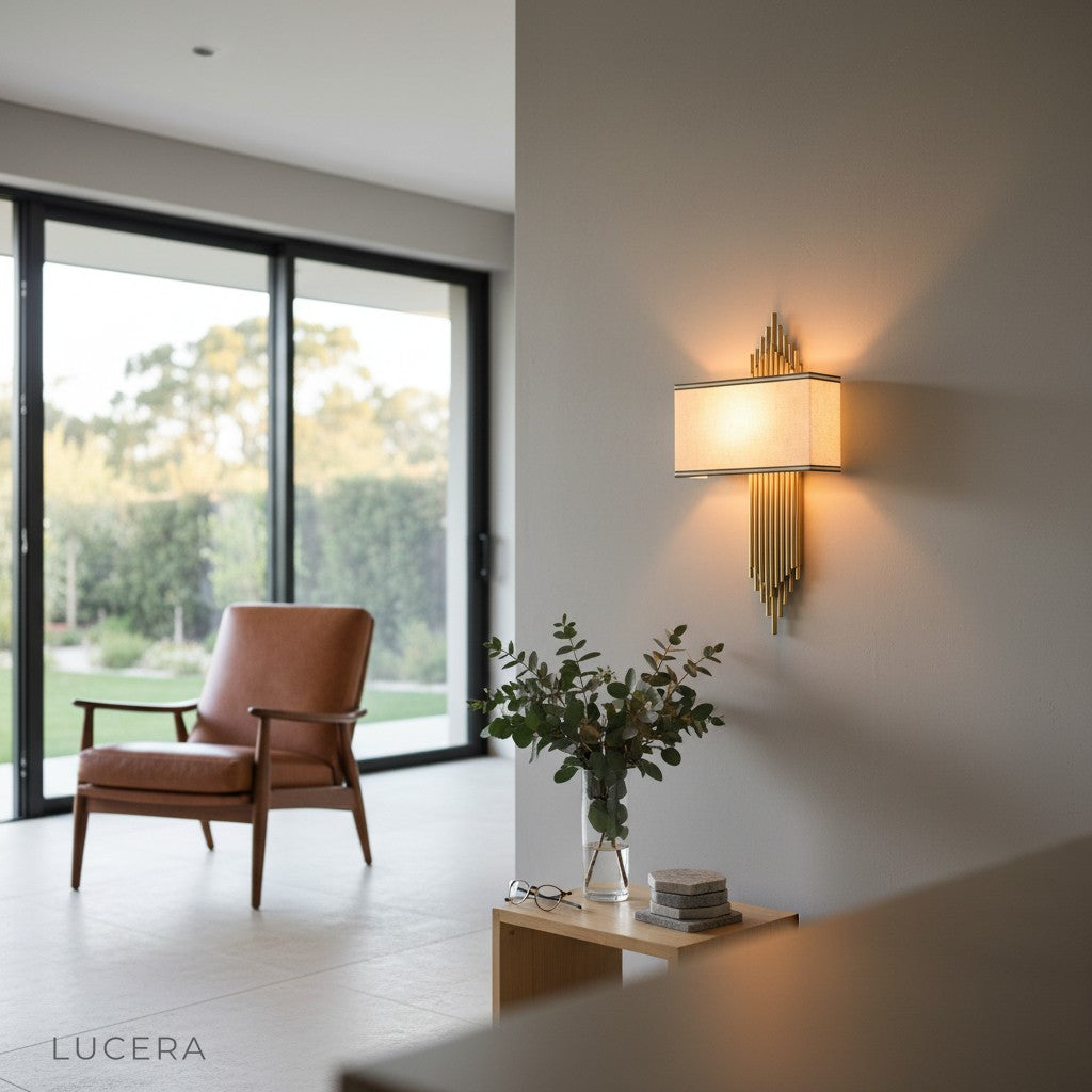 Leone gold sconce with cool LED light in minimalist study room near bookshelf