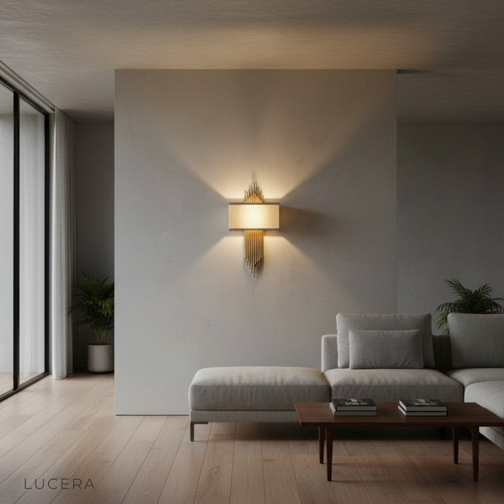 Leone sconce in living room corner with warm 3000K light creating cozy atmosphere