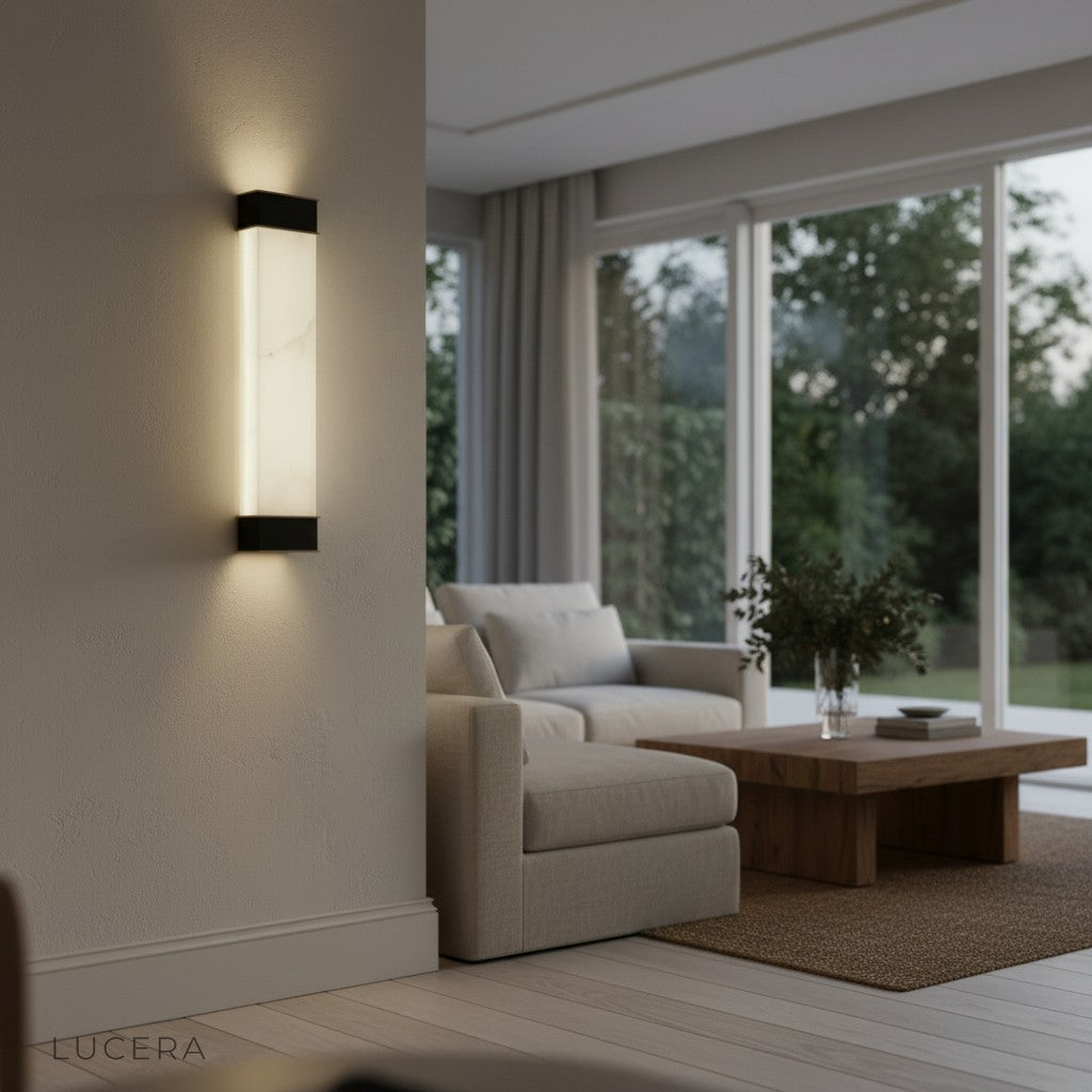 nighttime shot of Marco marble lamp casting ambient light on textured wall