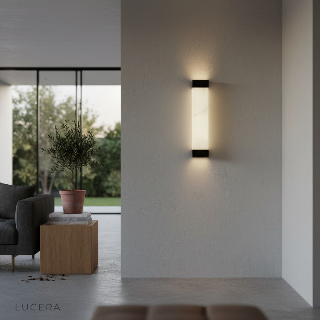Marco wall fixture in elegant entryway with marble panel and copper details