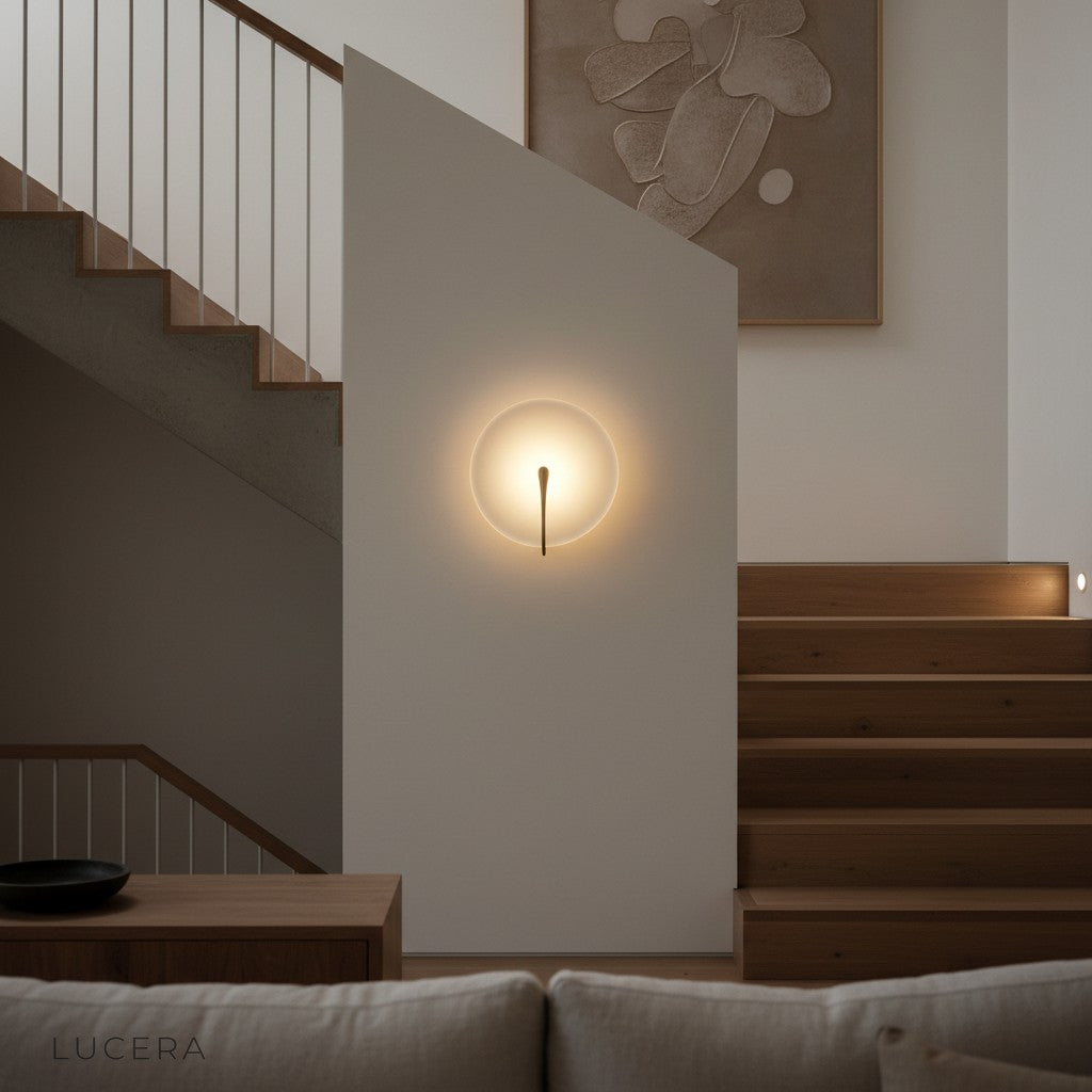 sculptural white marble wall light above study desk with books