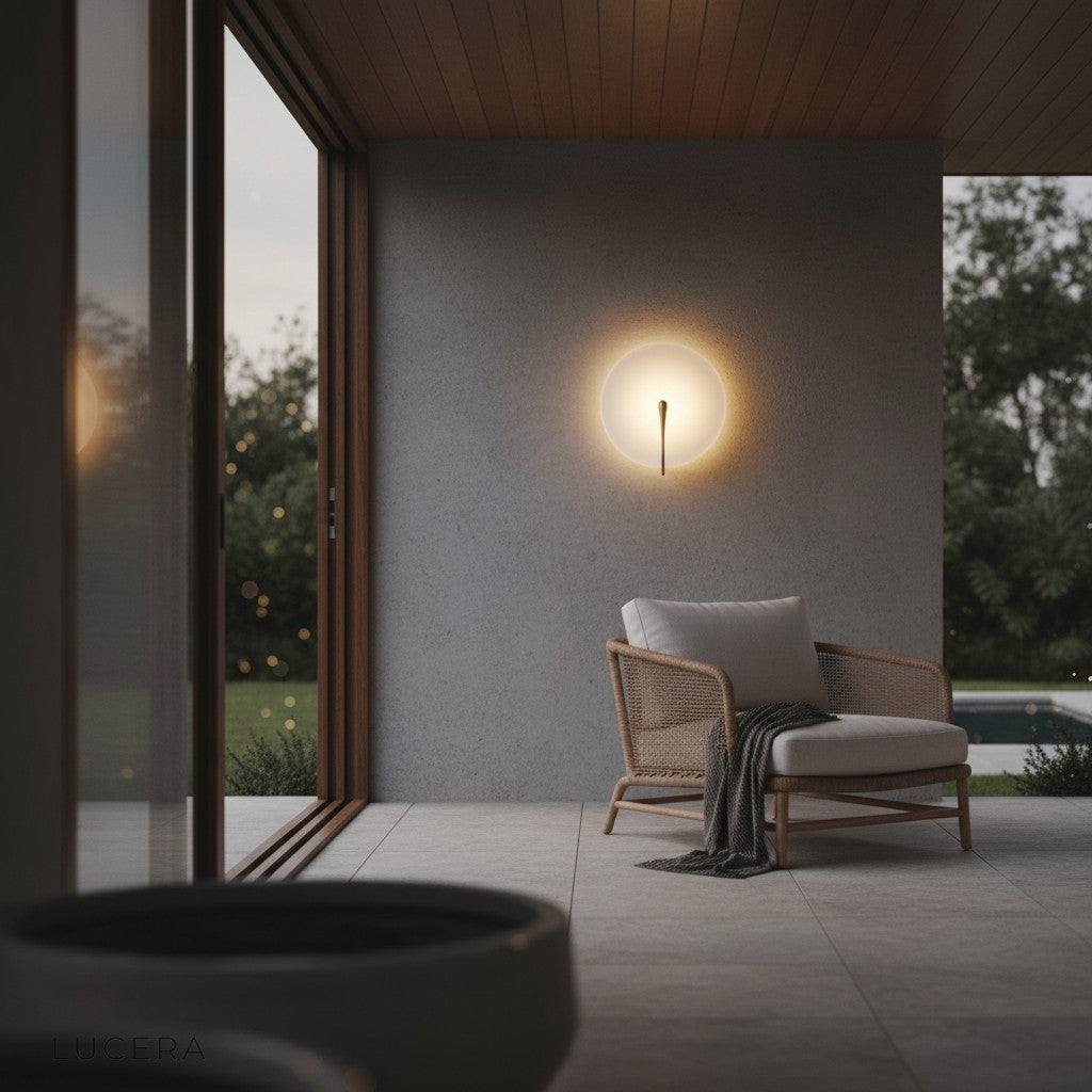 nighttime ambient shot of marble lens lamp illuminating cozy lounge corner