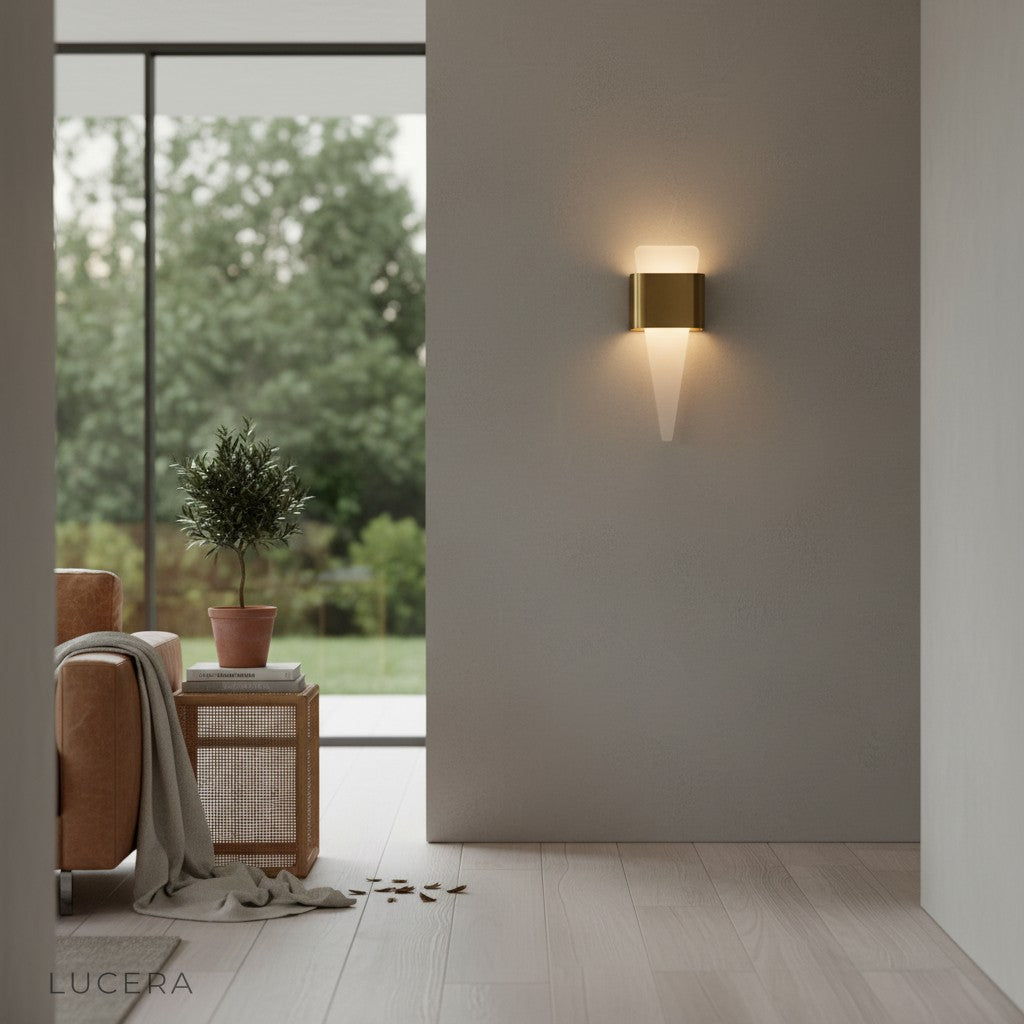angled studio view of Lucera Passo LED wall light with curved shark tooth silhouette