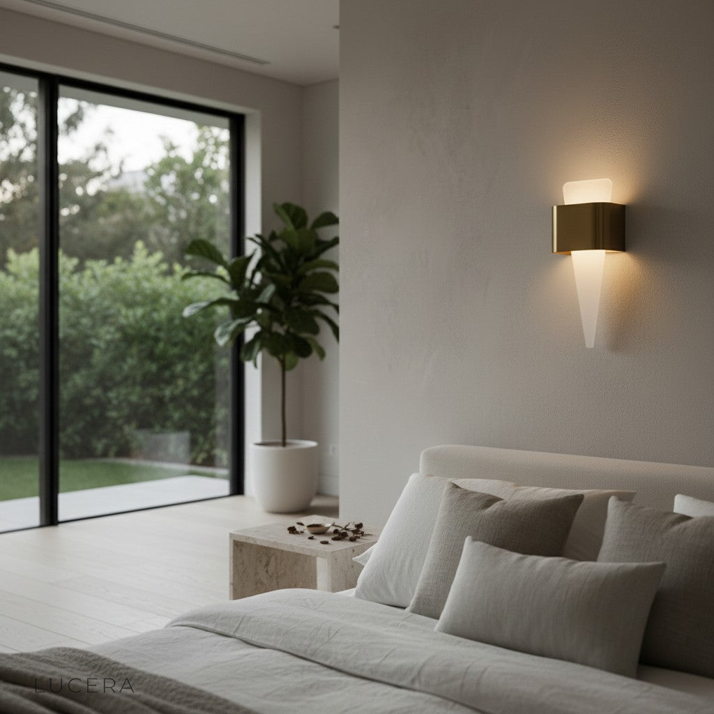overhead lifestyle shot of Passo Shark Tooth sconce above a minimalist console table with decor