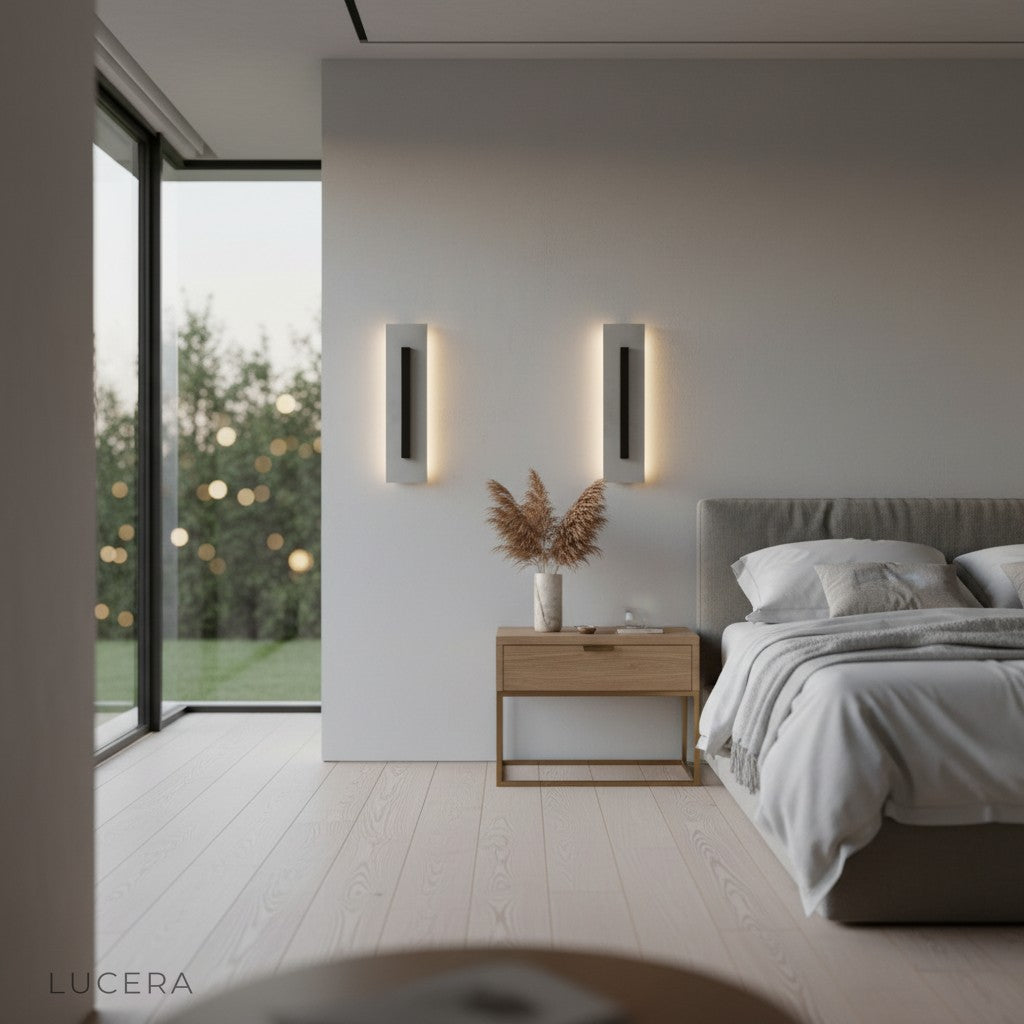 Porto wall lamp mounted above a minimalist console table with warm ambient glow