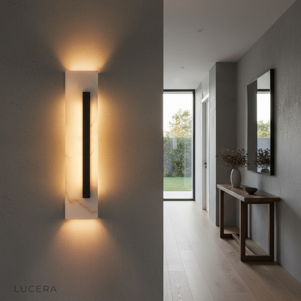Porto marble wall lamp in a hallway with warm evening lighting and subtle shadows