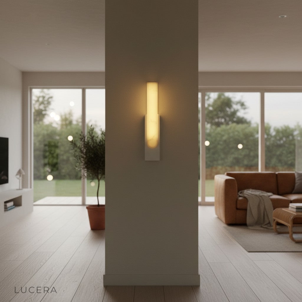 waterproof marble wall lamp illuminated in contemporary bathroom