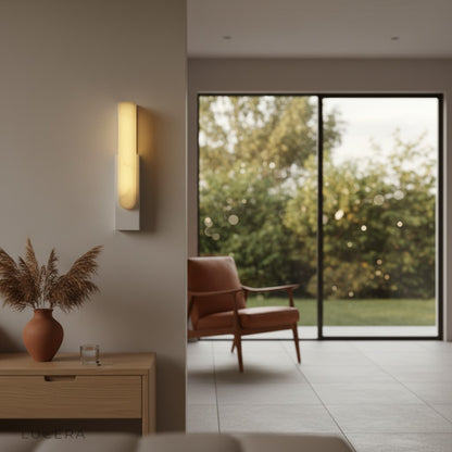 Rumore lamp with iron frame and marble panel in cozy reading nook