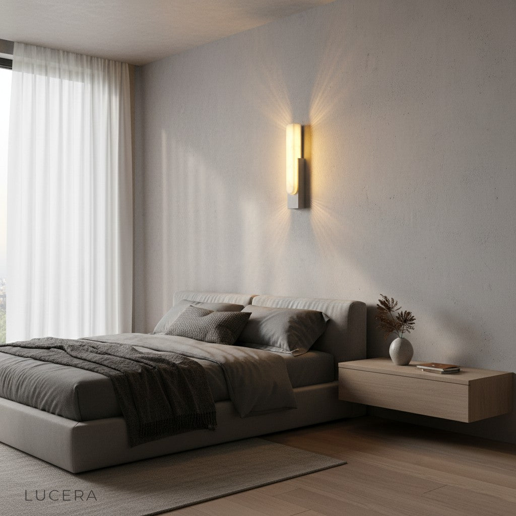 nighttime lifestyle shot of Rumore wall lamp in elegant dining room
