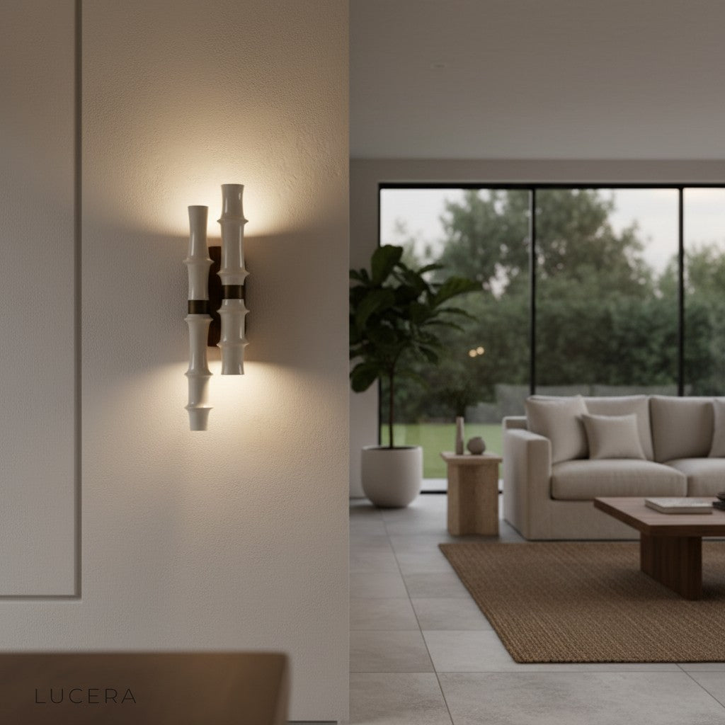 elegant bamboo sconce in dining room with warm light and natural decor