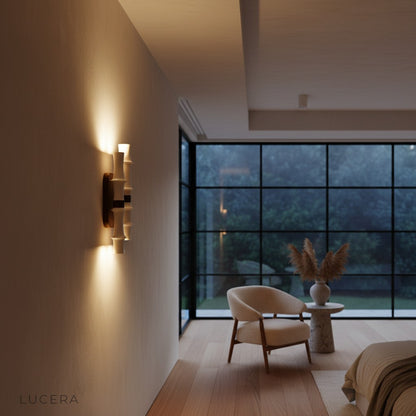 nighttime living room with bamboo LED wall lamp creating serene atmosphere