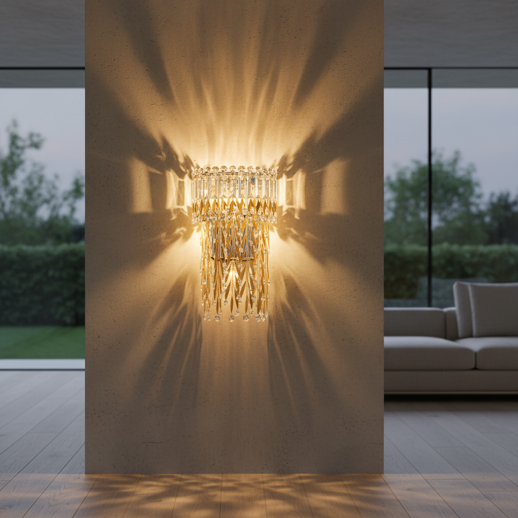 Close-up of Sera crystal wall lamp casting sparkling light patterns on textured wall