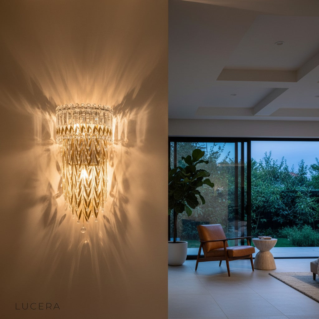 Sera golden crystal wall lamp illuminated at night in cozy bedroom setting