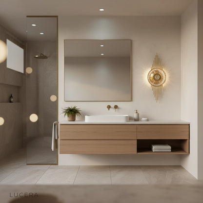 Lumiere Crystal Wall Lamp casting cool blue ambient glow in contemporary bathroom with IP44 rating