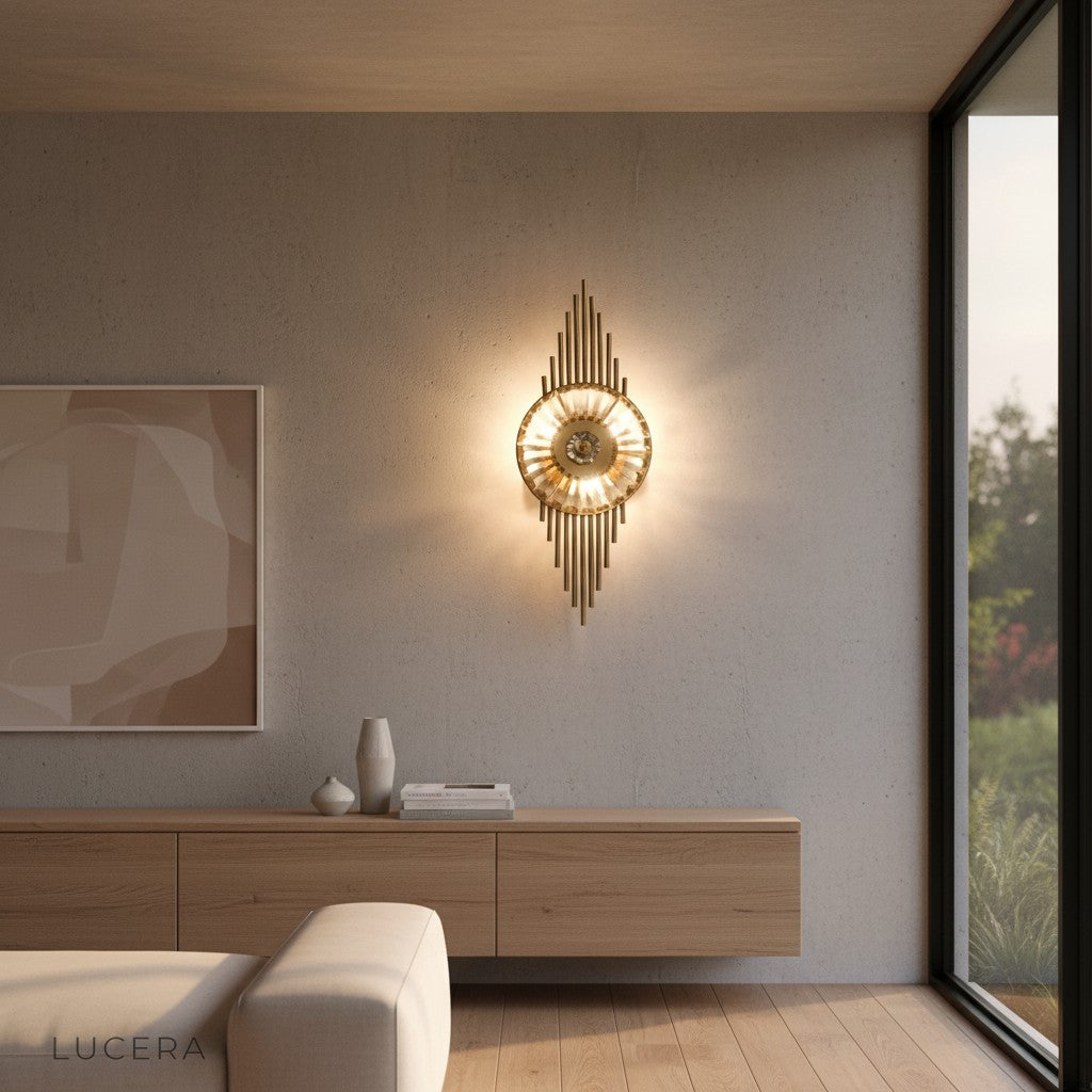 Nighttime lifestyle shot of Lumiere LED lamp illuminating cozy reading nook with soft golden light