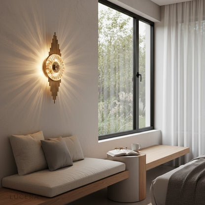 Lumiere wall sconce with purple accent light in luxurious hotel-style hallway decor