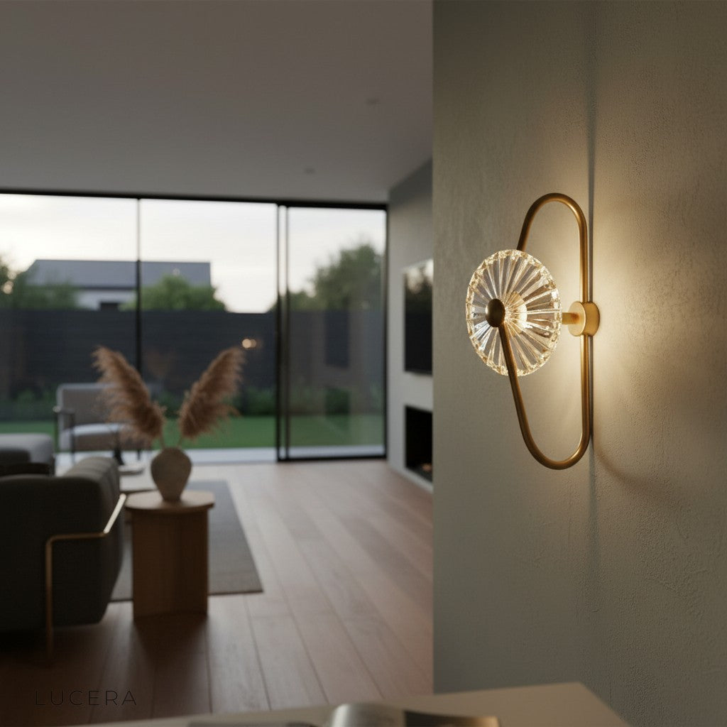 Close-up of Fresco wall lamp crystal refracting warm amber LED light