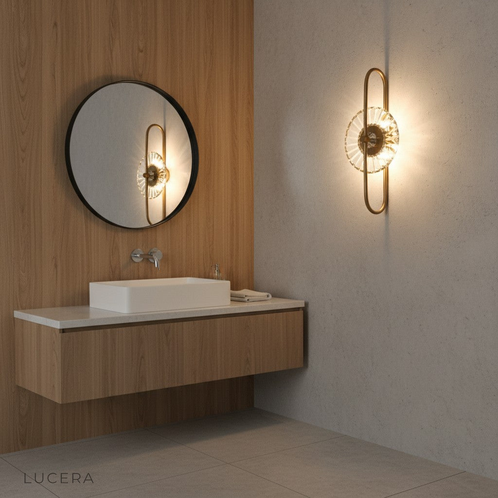 Fresco luxury LED wall lamp casting patterned light in stylish lounge at dusk