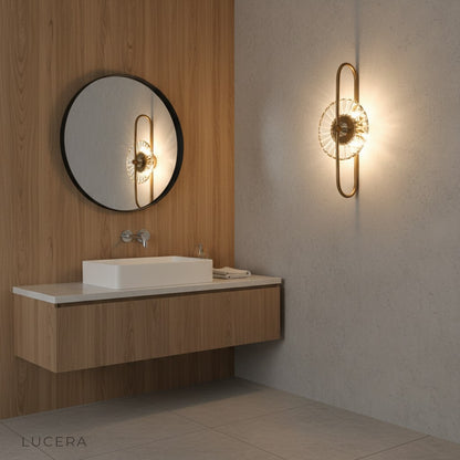 Fresco luxury LED wall lamp casting patterned light in stylish lounge at dusk