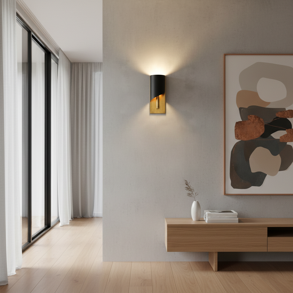 Duomo copper wall light with warm glow beside a leather armchair in a rustic lounge