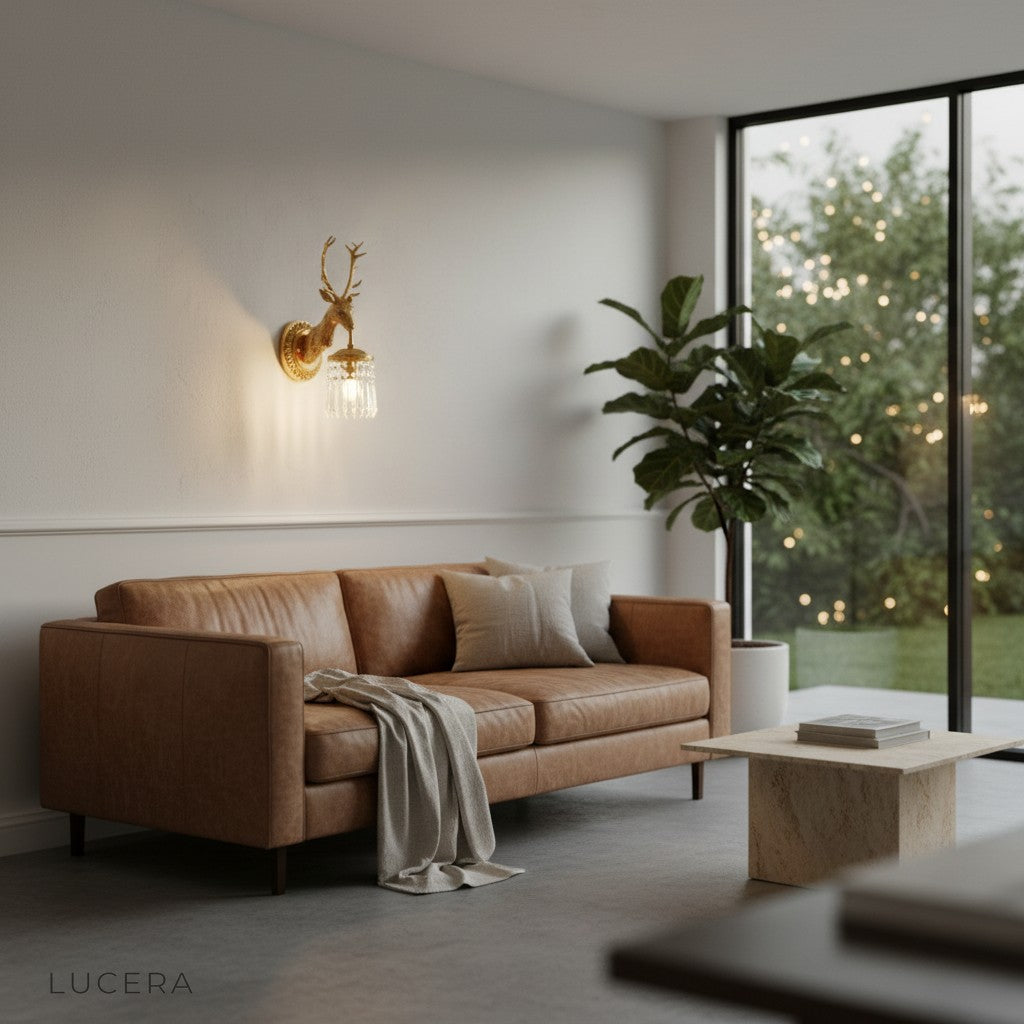 deer head wall lamp casting warm ambient light in a cozy bedroom at dusk