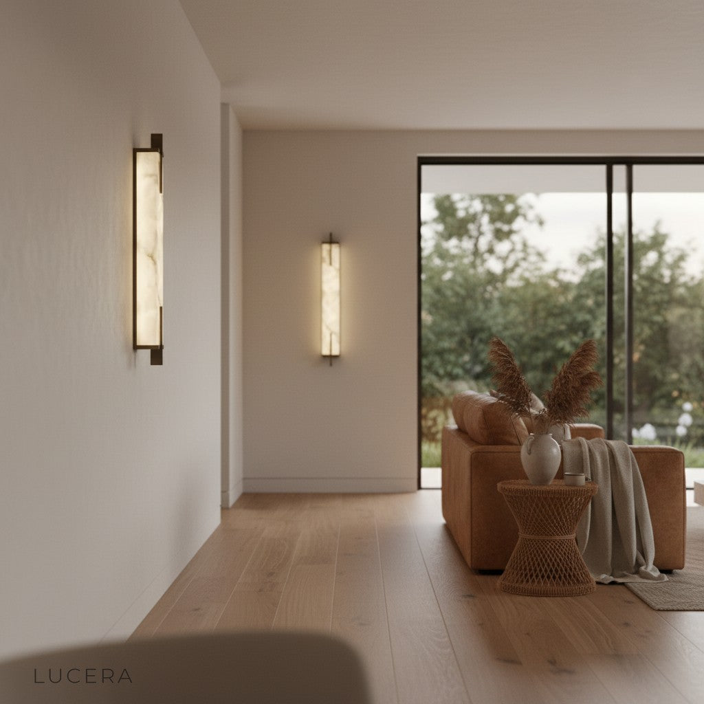 Amalfi wall lamp lit at dusk in a cozy reading nook with rattan chair