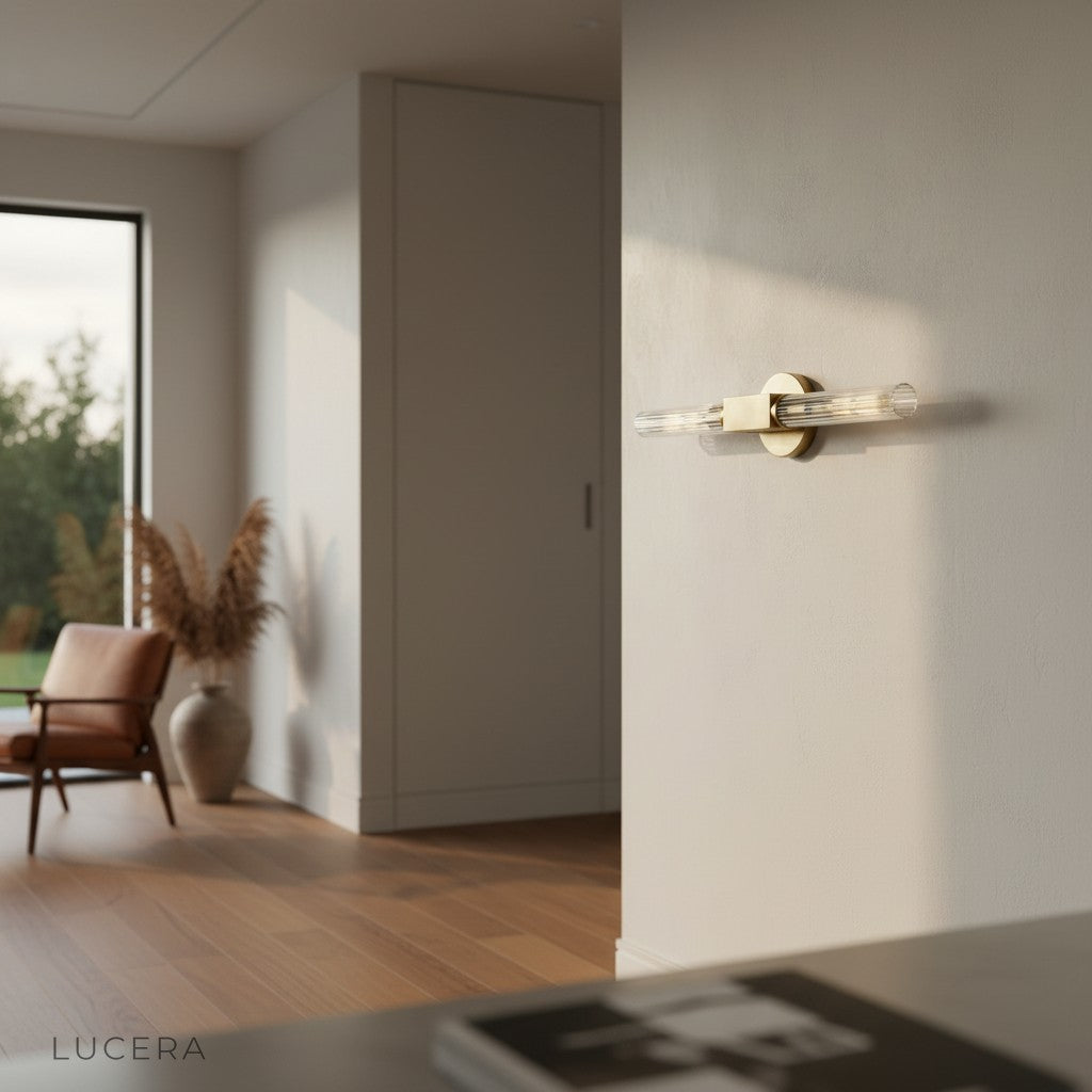 Ravello brass minimalist wall lamp illuminating a cozy bedroom bedside