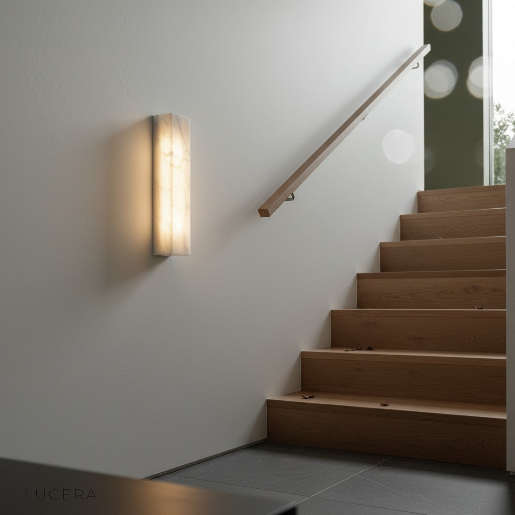 marble wall light with copper trim casting diffused light on textured plaster wall