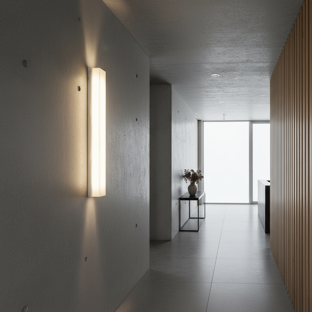 nighttime shot of Varenna wall lamp in dark modern entryway with soft halo