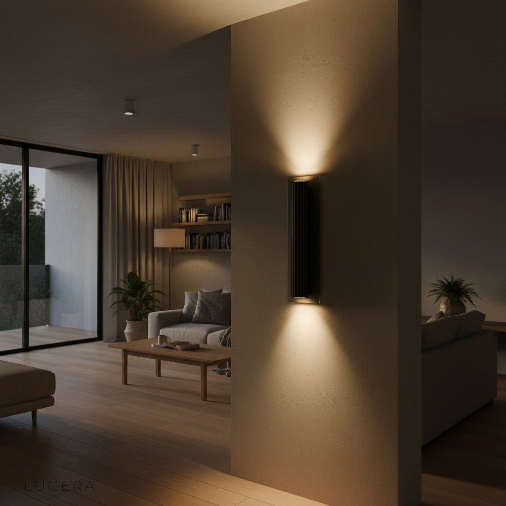 Loano iron wall lamp with warm light in rustic hallway setting at dusk