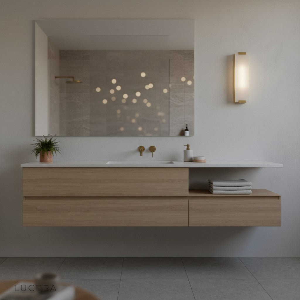 Damasse marble sconce mounted above modern console table in minimalist hallway
