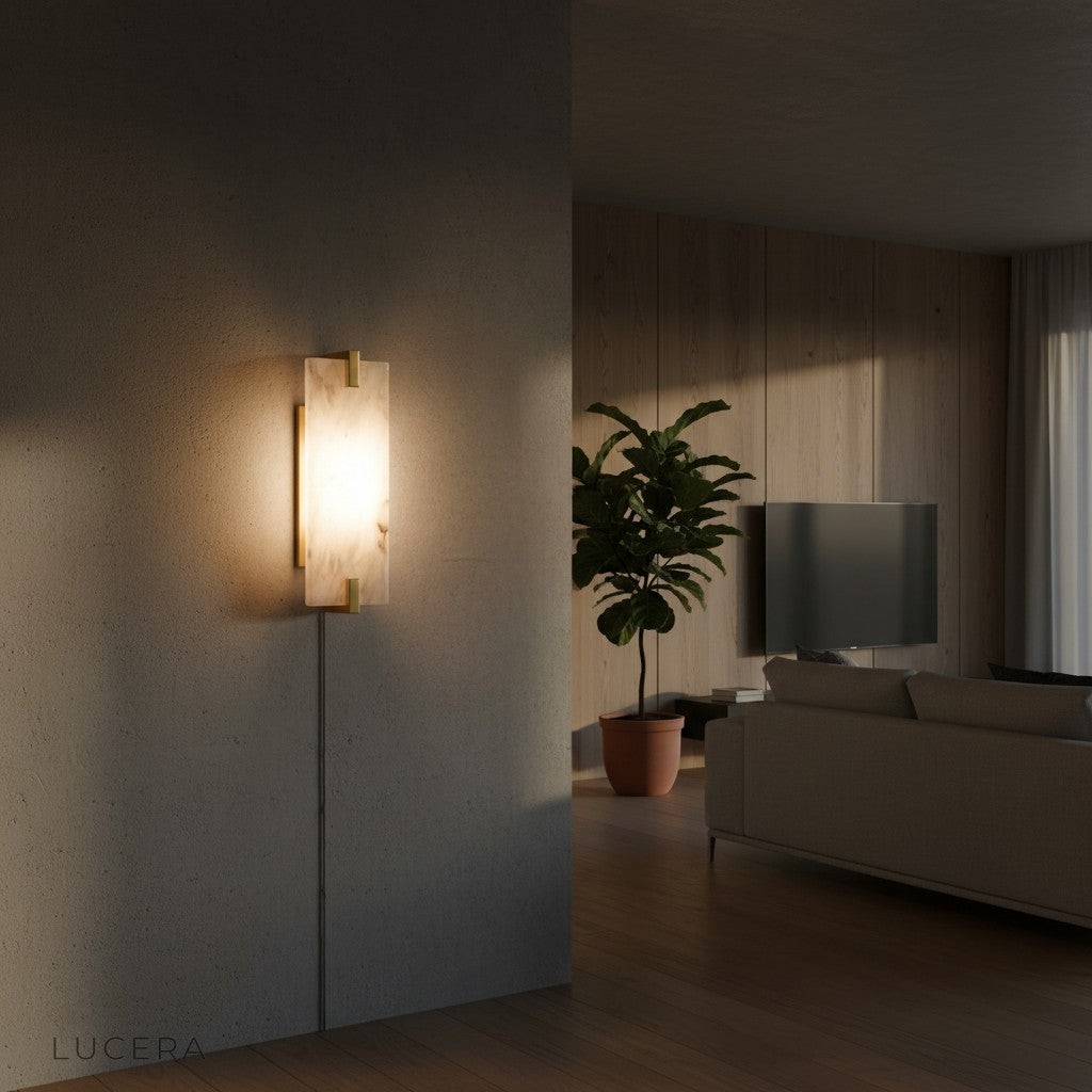 Finesse Splendor wall lamp mounted above bedroom bedside with soft ambient glow